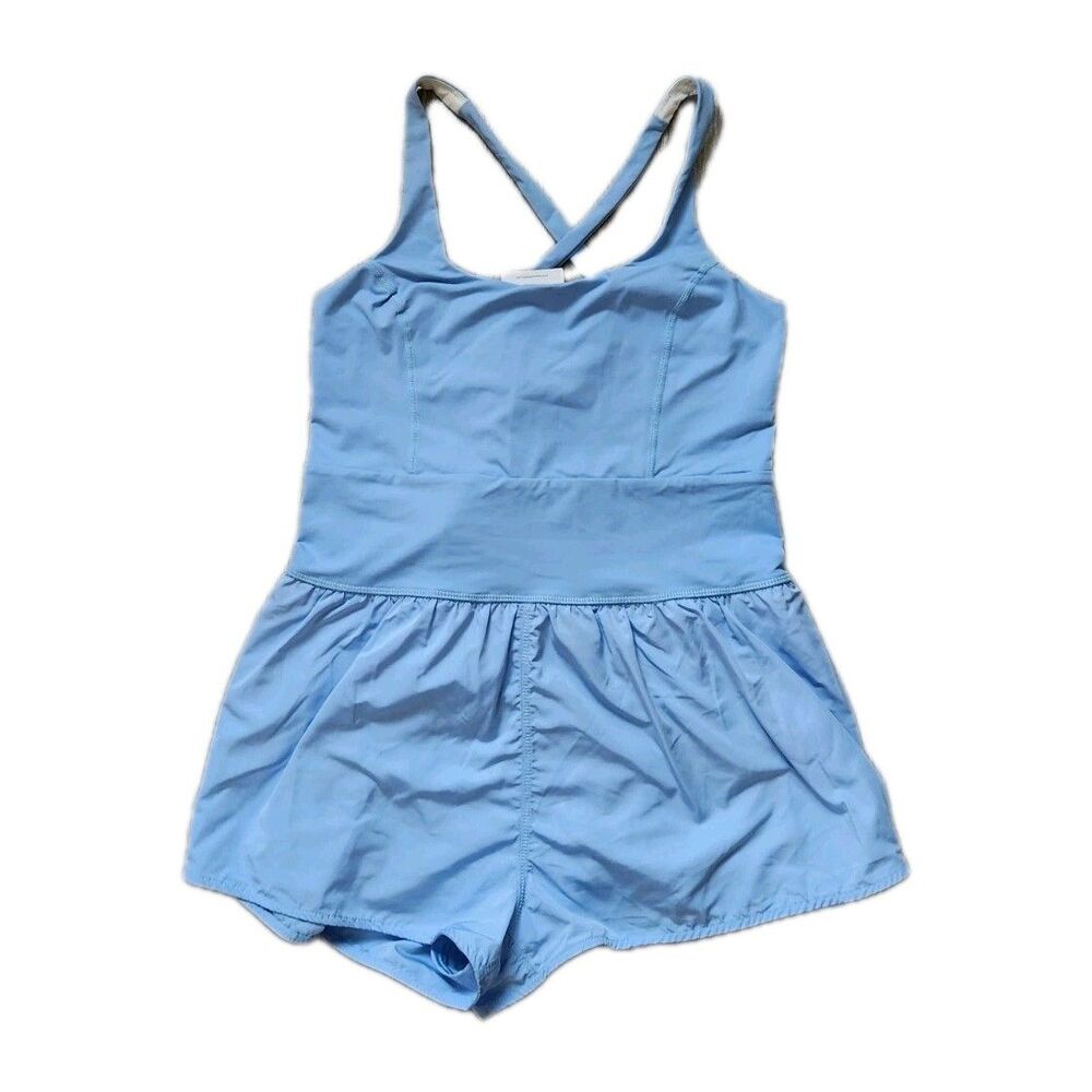 NWT Luminary Activewear Romper Crisscross Back Round Neck Baby Blue Pocket Sz L
